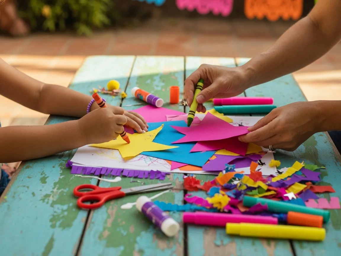 A child and a volunteer making a colorful paper craft together at a picnic table