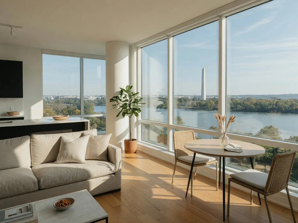 Bright modern condominium living room in a Washington DC high-rise with floor-to-ceiling windows framing the Washington Monument and the Potomac River, light oak floors, a neutral linen sofa, and a small dining table in soft October morning light