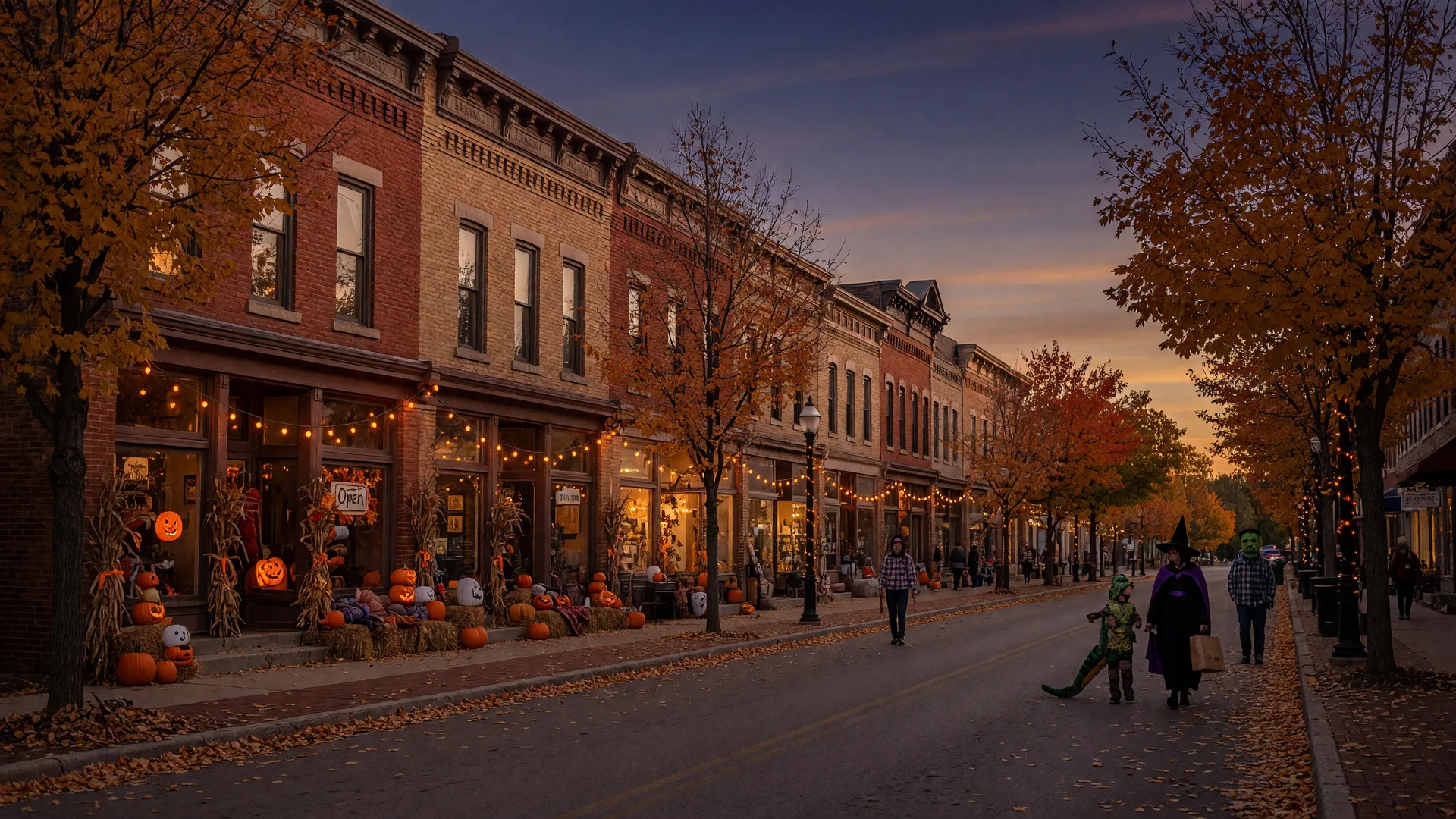 Historic downtown Springfield Ohio main street at Halloween dusk with brick storefronts, pumpkins, hay bales, and glowing string lights