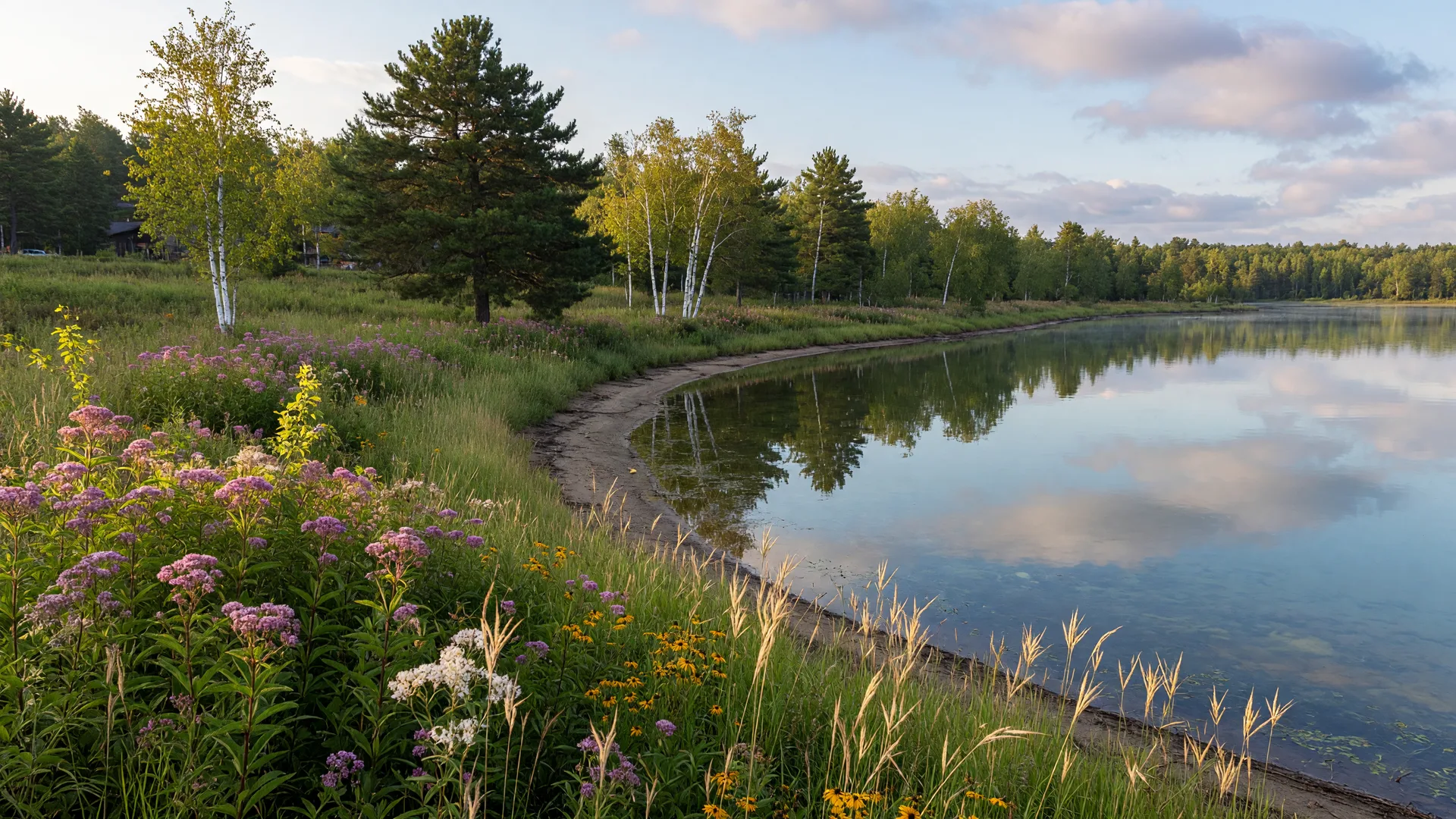 A healthy native shoreline buffer of wildflowers, grasses and young trees growing down to the clear water's edge on a Minnesota lake