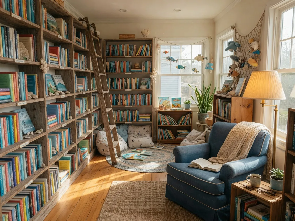 Bright, coastal-themed interior of Books on Third in Naples, Florida with bookshelves, a reading nook, and a children's corner