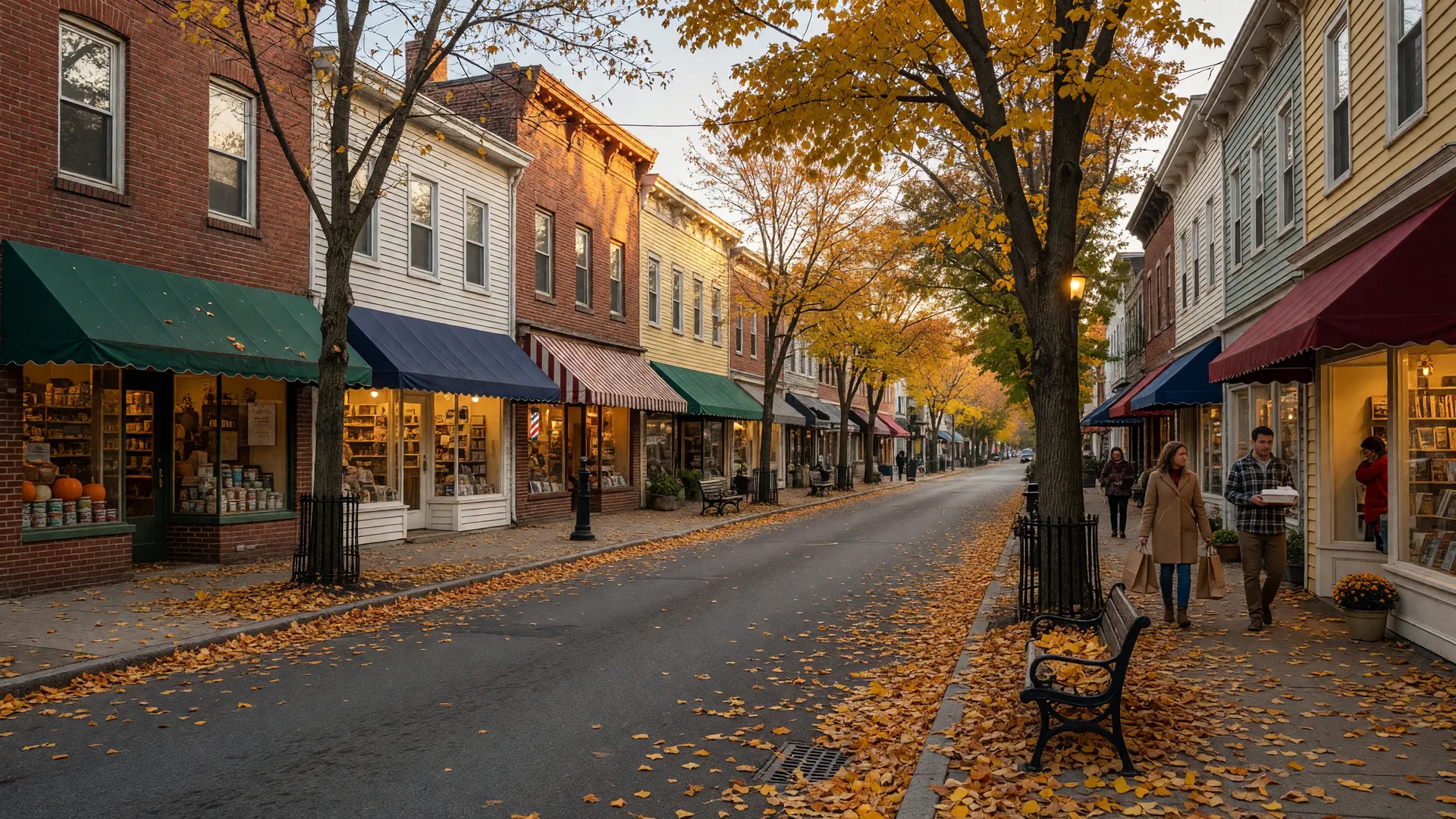 Autumn tree-lined main street in a classic South Jersey small town with warm storefront lights