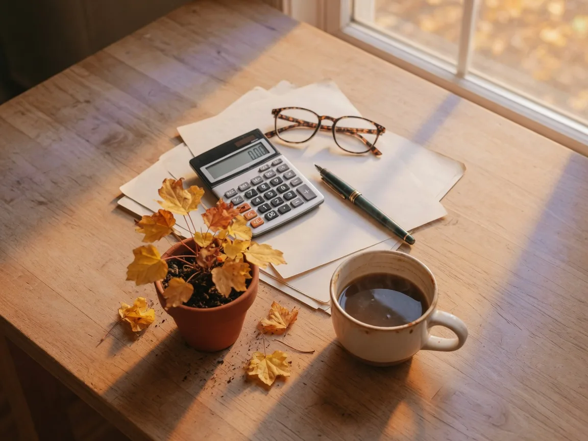 Warm flat-lay of blank documents, a calculator, pen, reading glasses, coffee, and a small plant with golden leaves on a wooden table