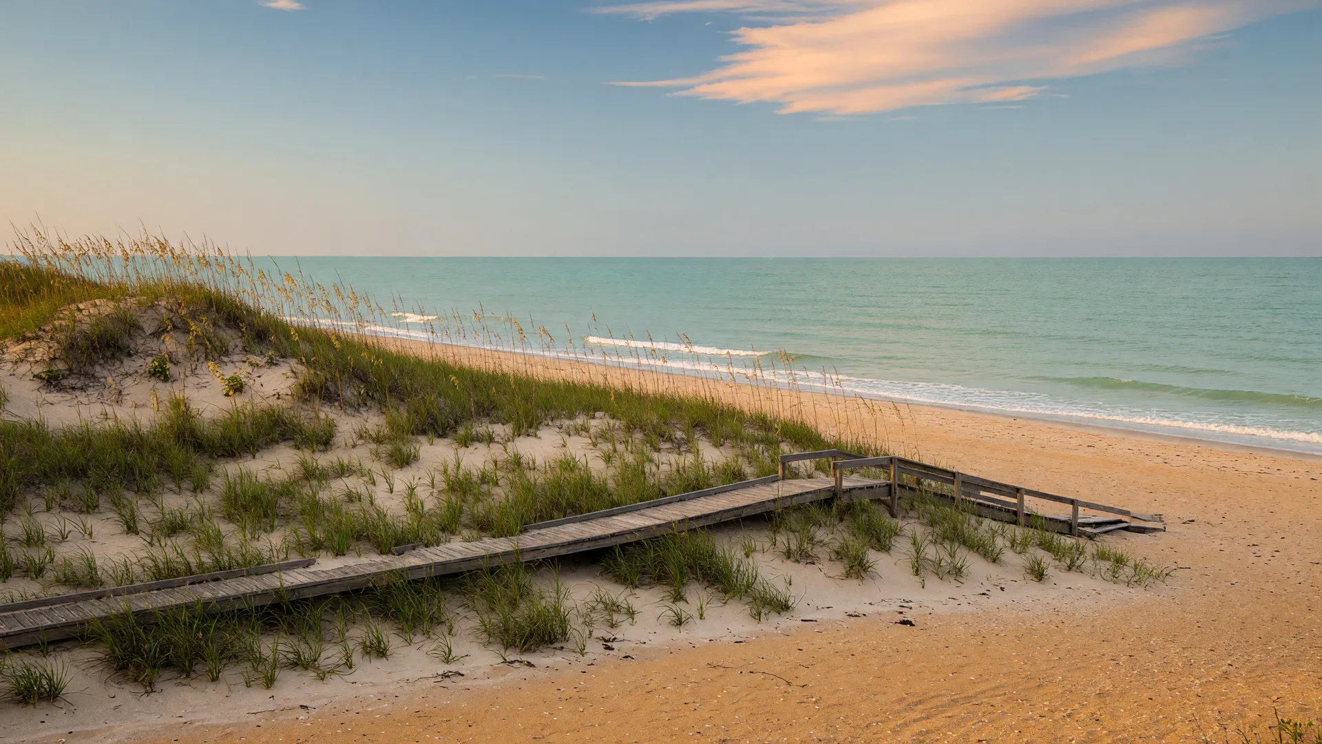 Hutchinson Island beaches across the causeway from Stuart, with sea oats and a boardwalk crossing the dunes