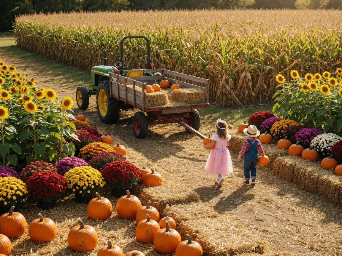 A hay wagon ride through a harvest festival pumpkin patch with a tall corn maze in the background