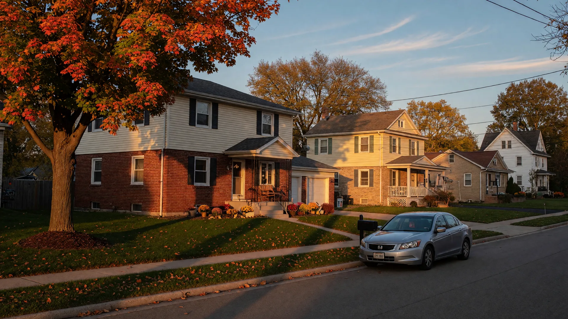 A classic brick and siding single-family home with a neat front lawn and autumn maples on a warm golden-hour Ohio residential street, representing the kind of move-in-ready home a $300,000 budget buys across Ohio