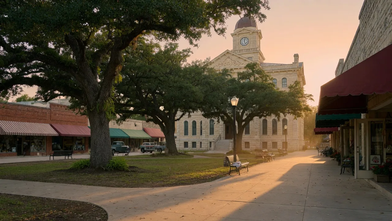 A picturesque Hill Country town square with a historic courthouse and oak trees