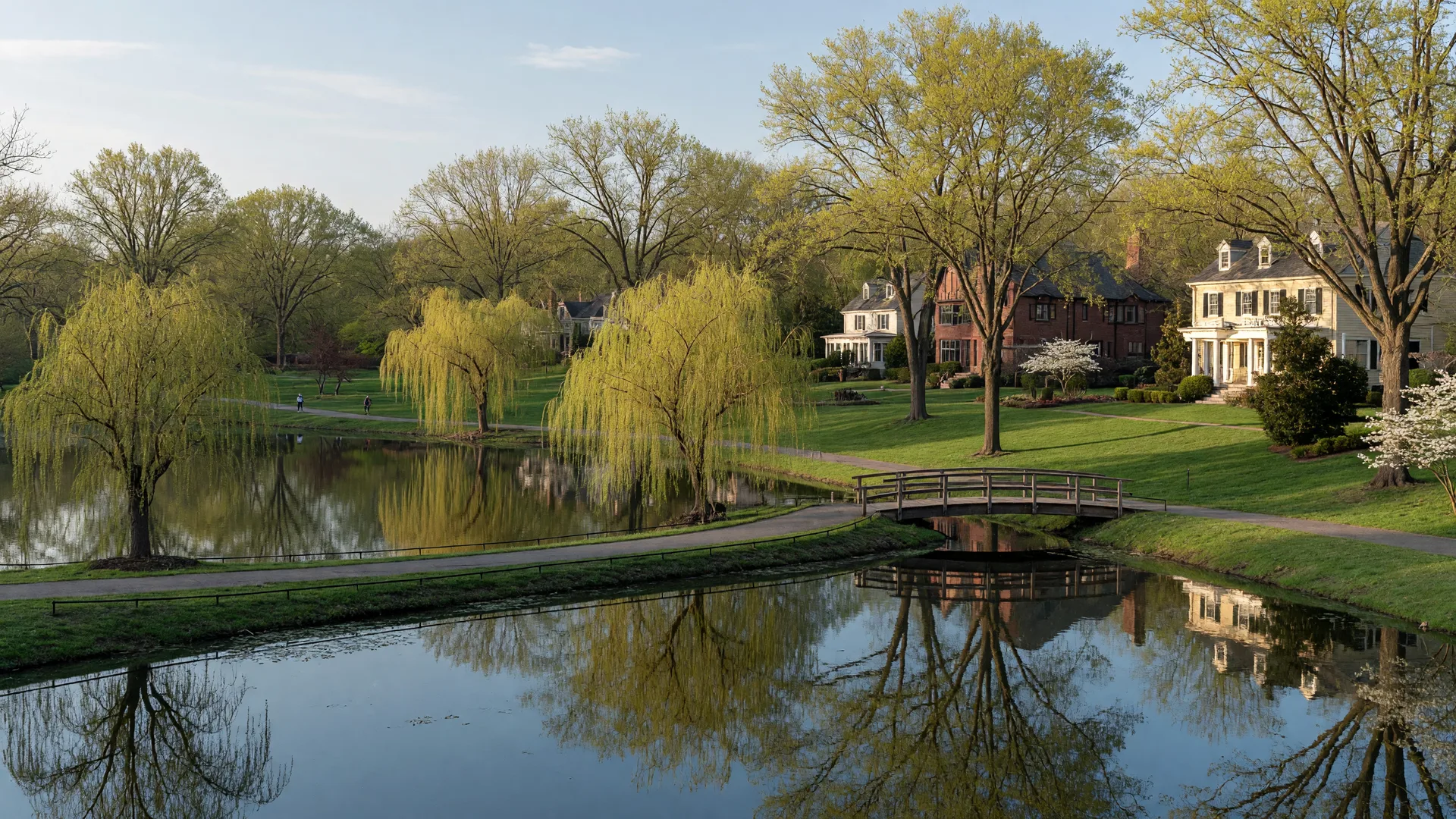 A tranquil Solon Ohio park pond with weeping willows and a walking path in soft morning light