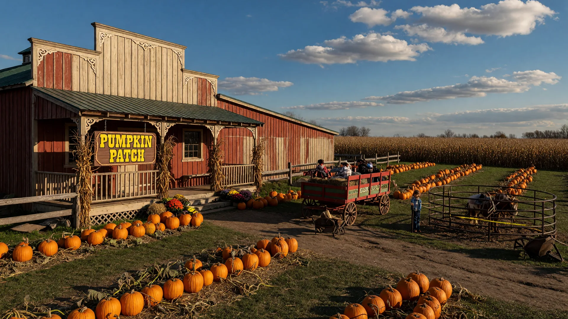 Western-themed ranch barn, pumpkin patch stretching toward the cornfield, hayride wagon, and pony corral under a blue autumn sky