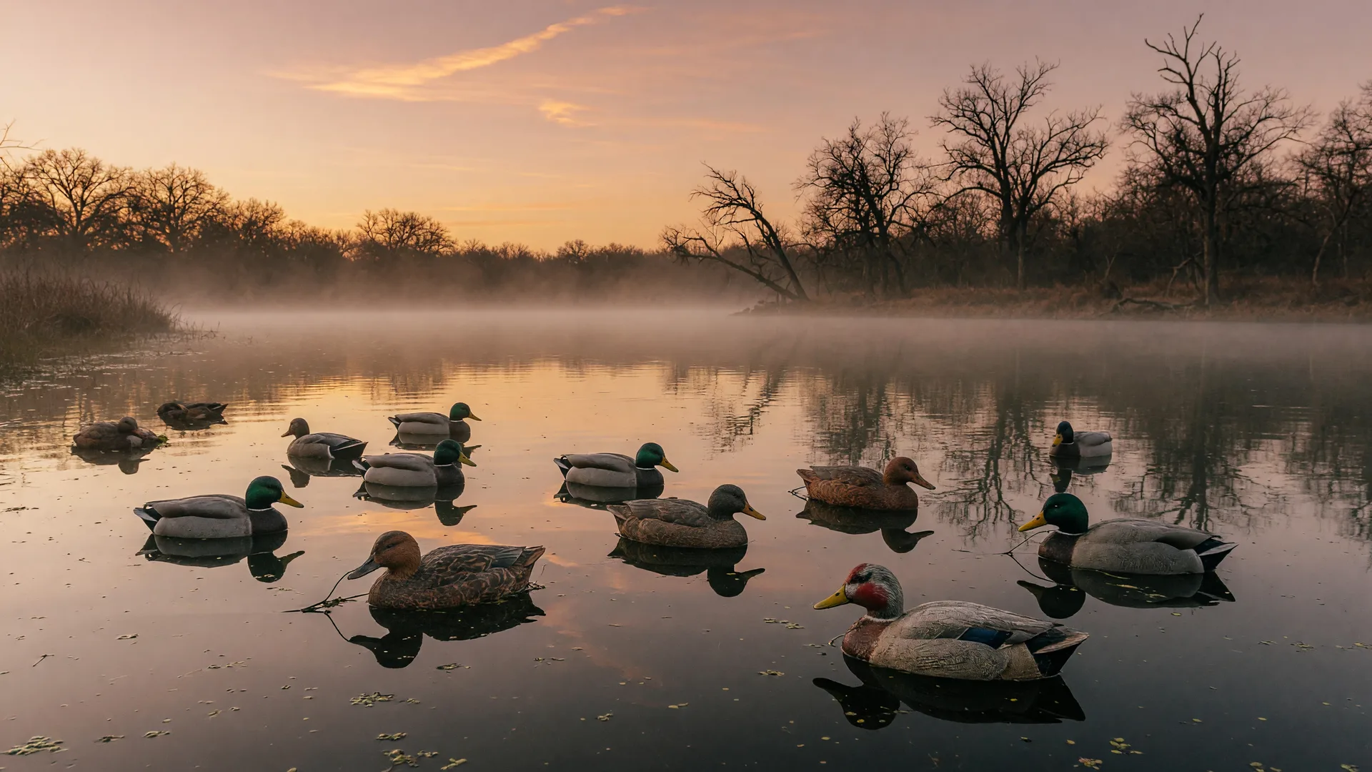 Misty dawn on a Red River valley marsh with duck decoys floating in calm water and bare oak trees along the bank