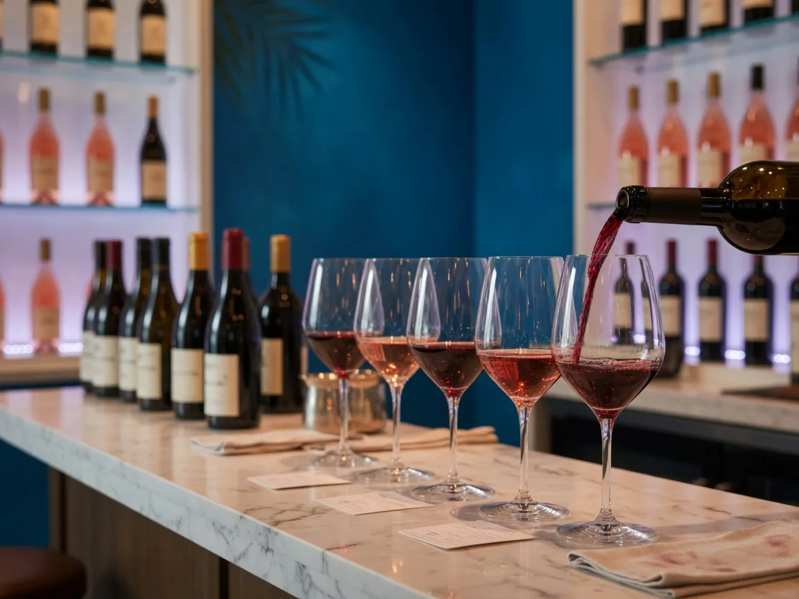 Wine tasting station inside The Good Pour in North Naples, Florida with backlit bottles on a deep ocean blue shelf, stemware on a marble counter, and a flight being poured
