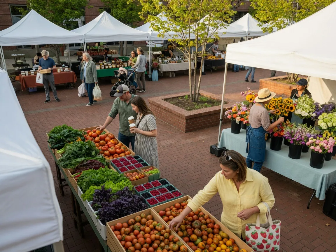 A sunny Saturday morning at the Hillsboro Farmers Market with fresh produce stalls on the civic plaza