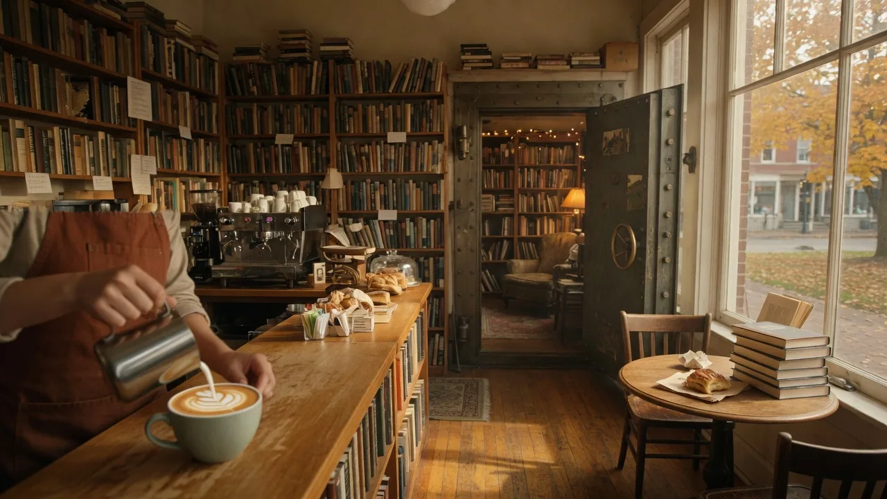 The cozy interior of Ana's Attic Coffee and Books on Painesville Square, a barista pouring latte art at a warm wooden counter, shelves of new and used books along the walls, a stack of books and a pastry by a big golden window, and a vintage bank vault door opening onto a book nook
