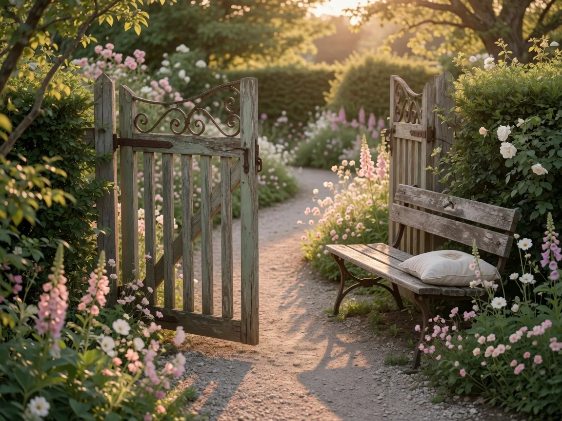 Slightly open garden gate onto a sunlit wildflower path with a wooden bench in golden hour light