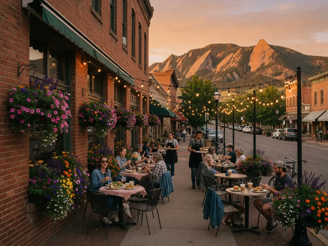 Cozy cafe patio in Old Town Lafayette with brick buildings, string lights, and Flatirons mountains view