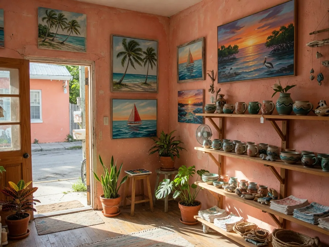 The sunlit interior of a small Florida Keys artisan shop with original island paintings on coral-tinted walls, hand-thrown pottery and handcrafted goods on warm wooden shelves, tropical plants, and morning light through an open door onto the sidewalk