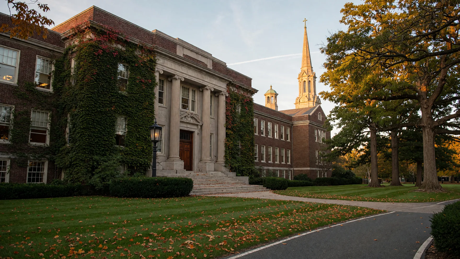 Historic private school building with ivy-covered walls