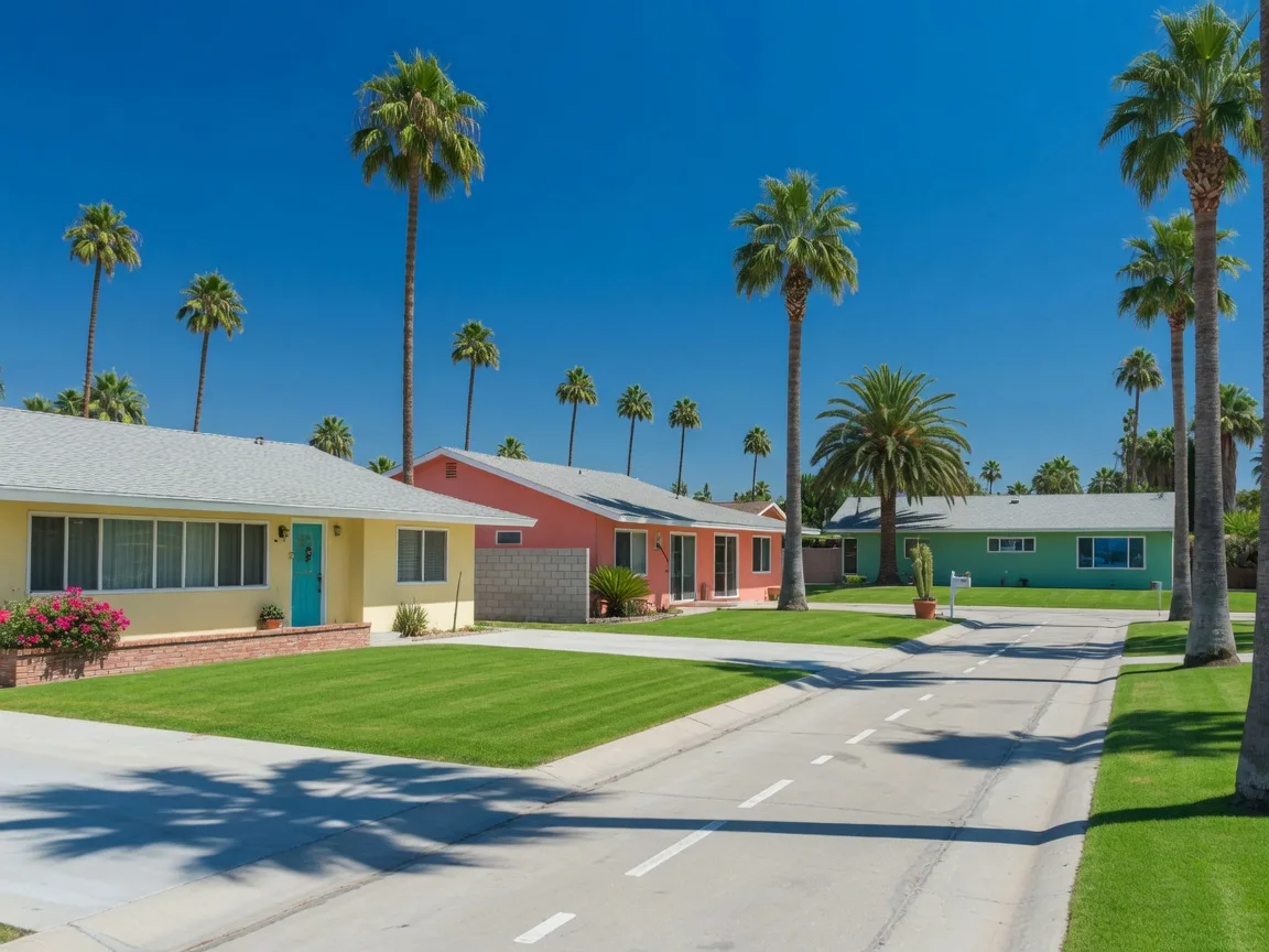 Sunny palm-lined residential street in a Phoenix-area neighborhood with mid-century ranch homes