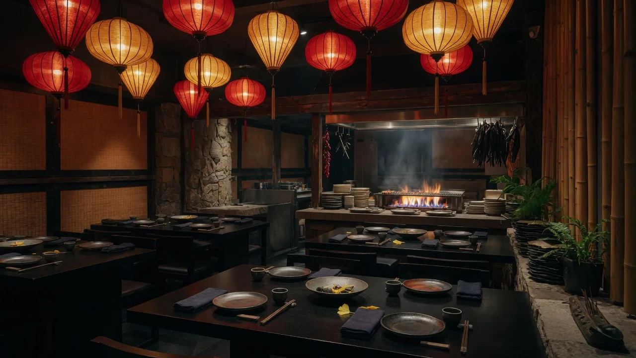 Contemporary Asian restaurant with glowing lanterns