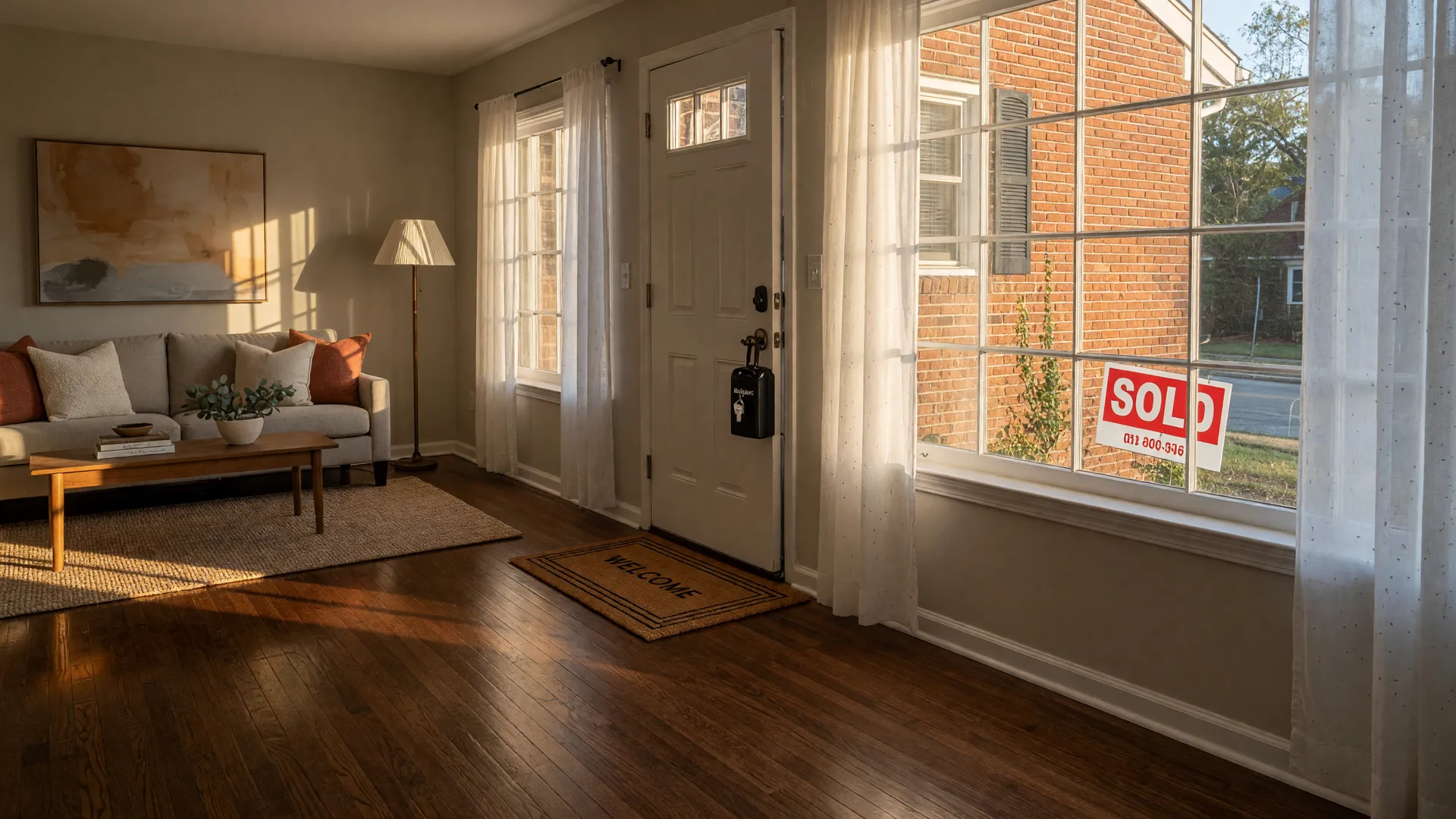 Staged living room ready for sale with SOLD sign visible through window