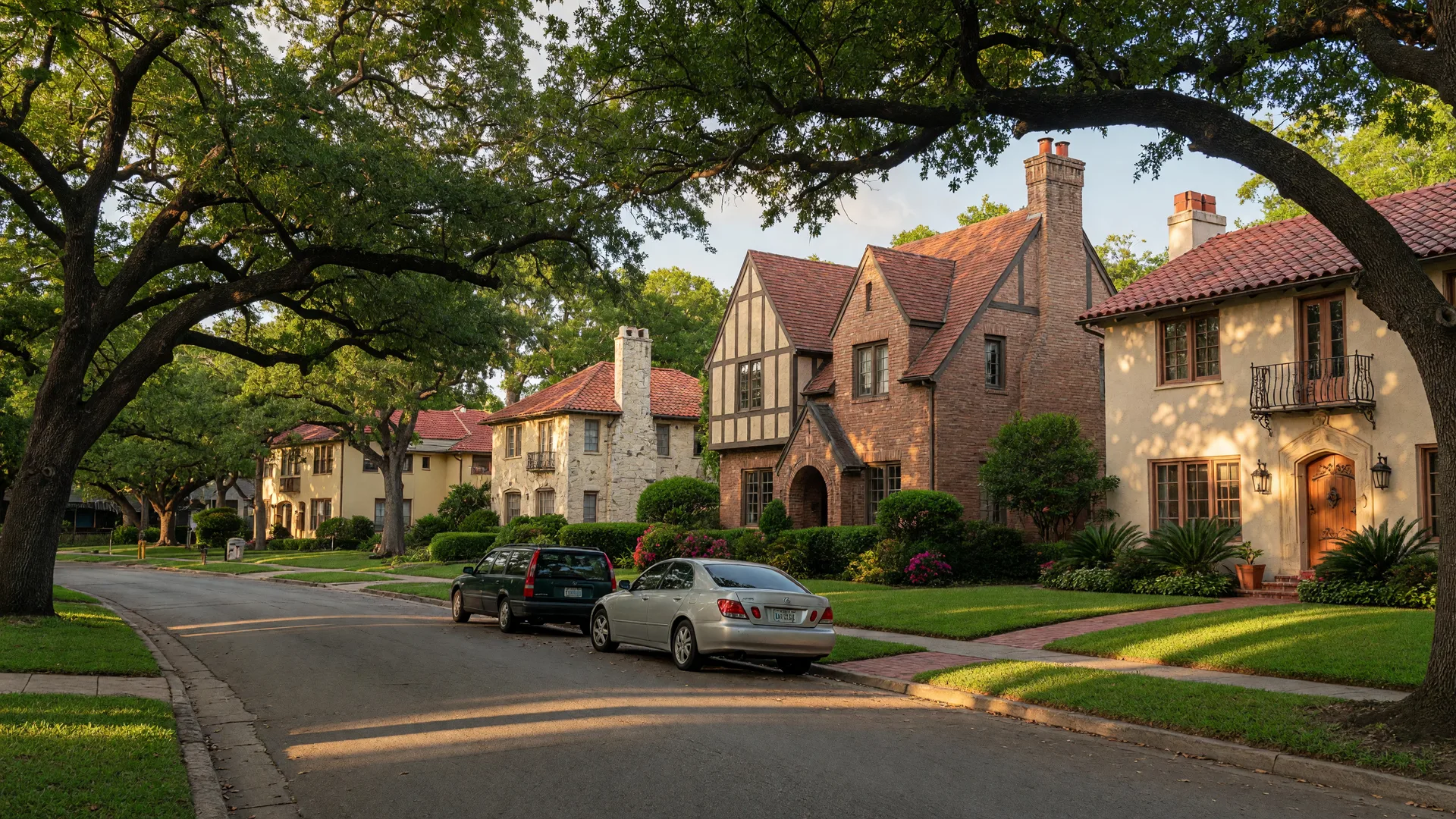 Tree-lined street of 1920s and 1930s brick Tudor and Spanish Revival homes in Alamo Heights, a classic San Antonio real estate address, at golden hour under mature live oaks