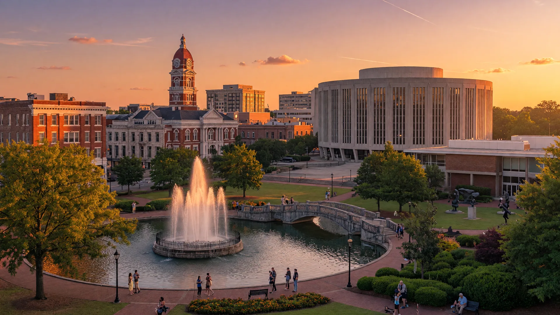 Huntsville's Big Spring Park with the Von Braun Center and downtown skyline at golden hour