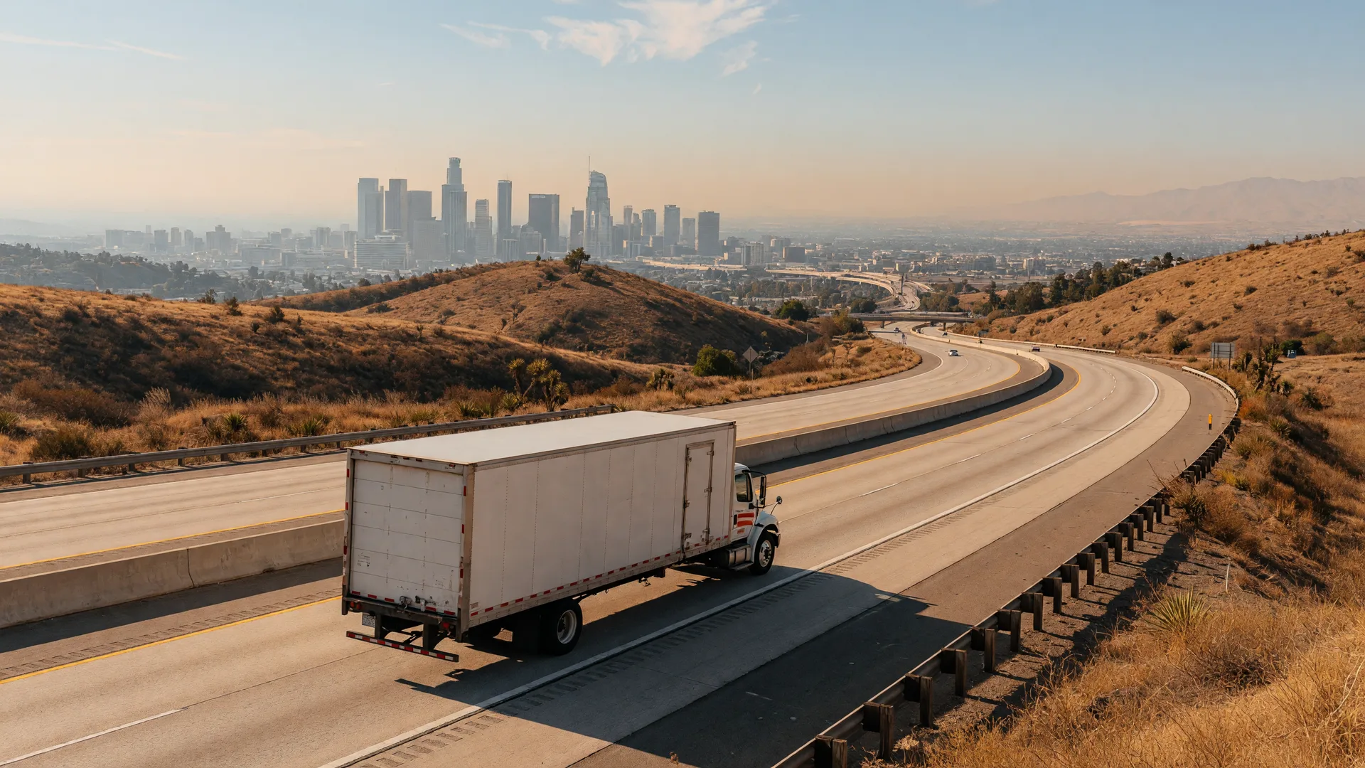 A loaded moving truck driving east on Interstate 10 out of the Los Angeles basin through dry golden hills at golden hour