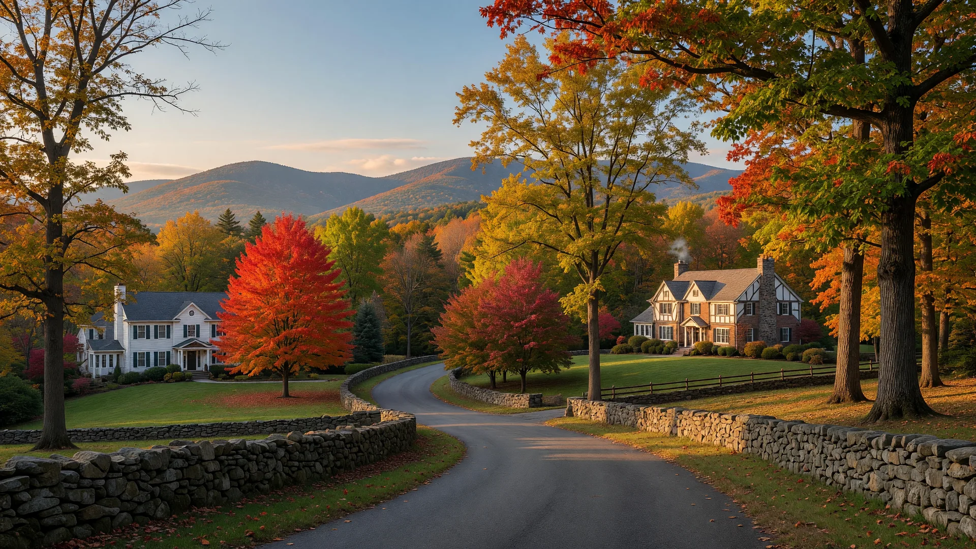 Scenic autumn landscape in Washington Township, New Jersey with wooded homes and Ramapo Mountains