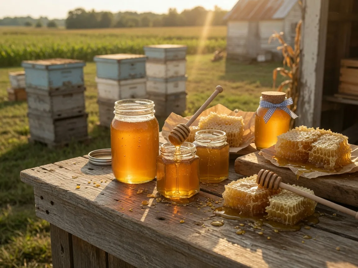 Golden honey jars and honeycomb on a weathered farm-stand counter outside a small Ontario honey farm in late September light
