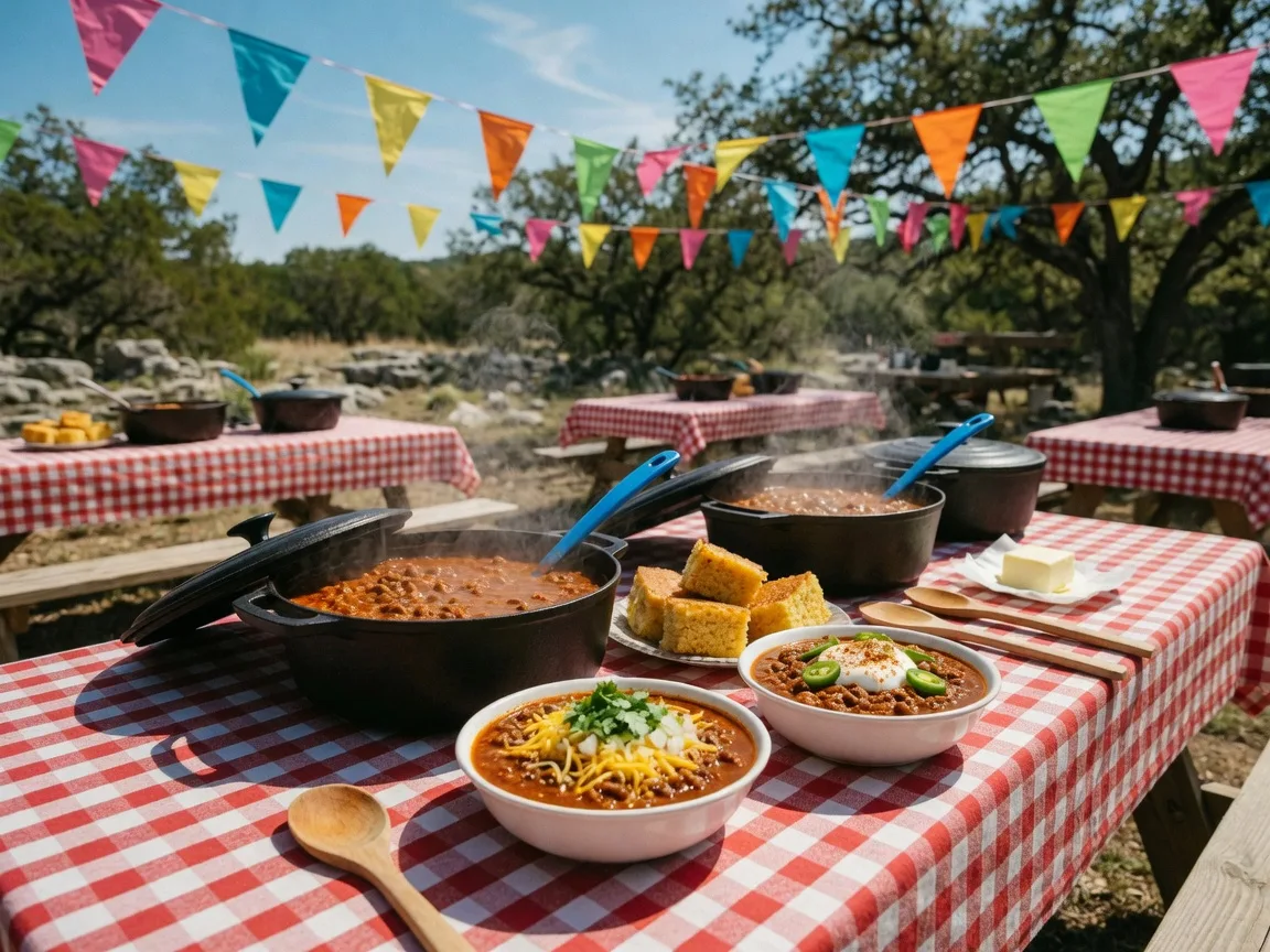 Cast-iron pots of chili and bunting at the Wimberley Chili Cook-Off & Music Fest