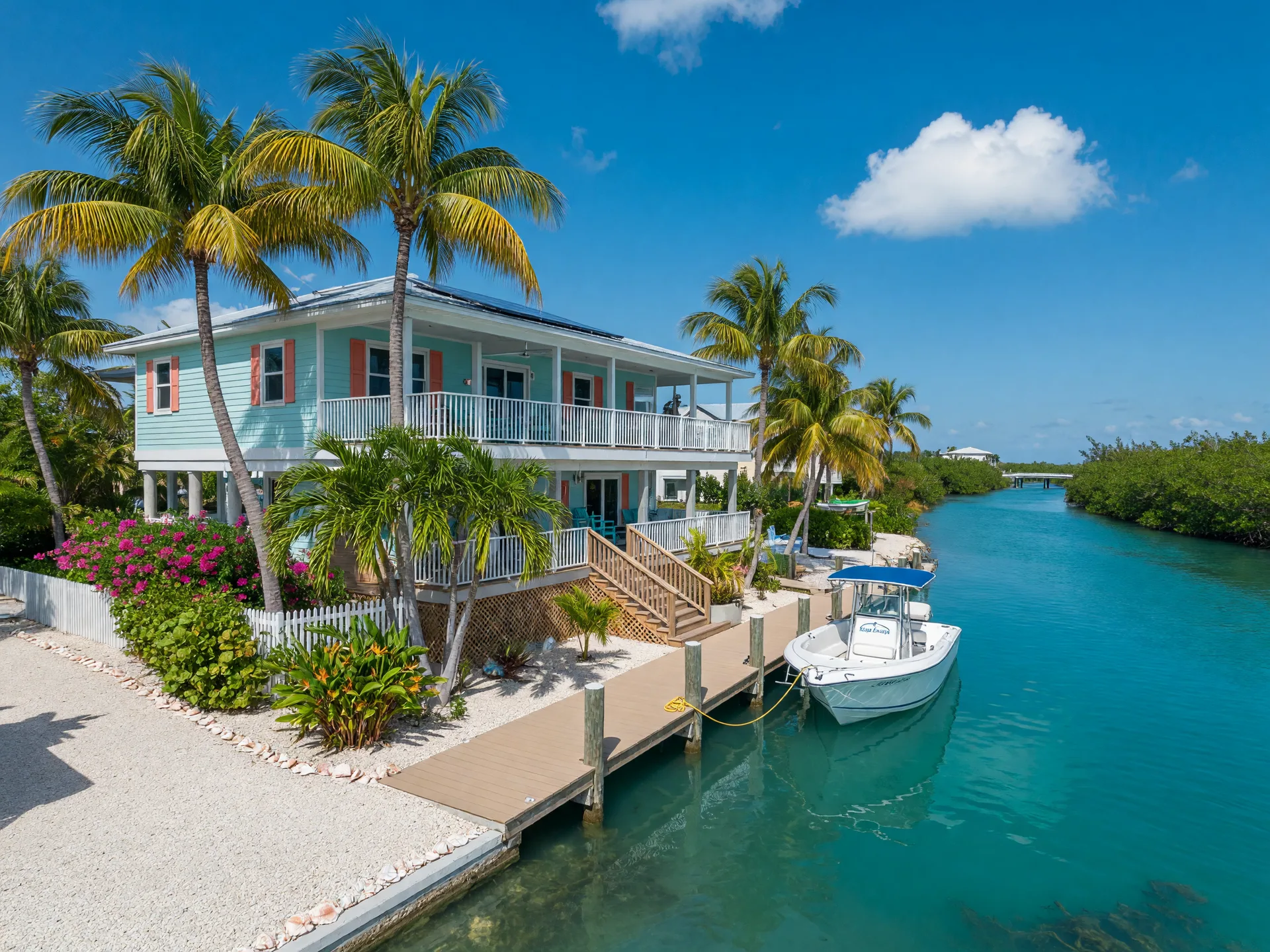 Waterfront vacation rental property in the Florida Keys with a dock and boat
