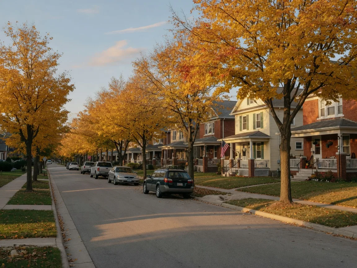 A residential street in Peoria in late October, maple trees in full gold and amber above tidy midwestern houses