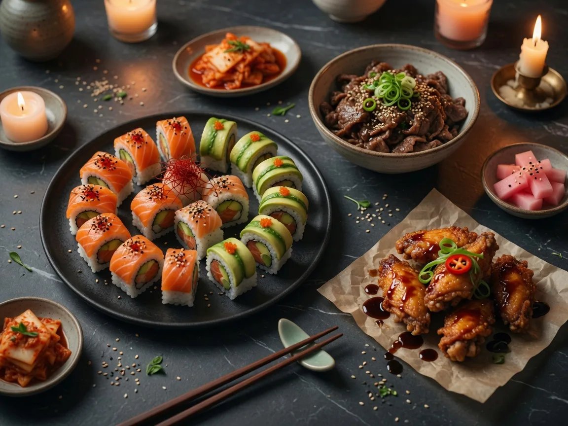 Beautifully plated Korean-Asian fusion dishes at Kitchen121 Hamilton Mill Buford Georgia including sushi rolls, bulgogi bowl, and crispy glazed chicken wings