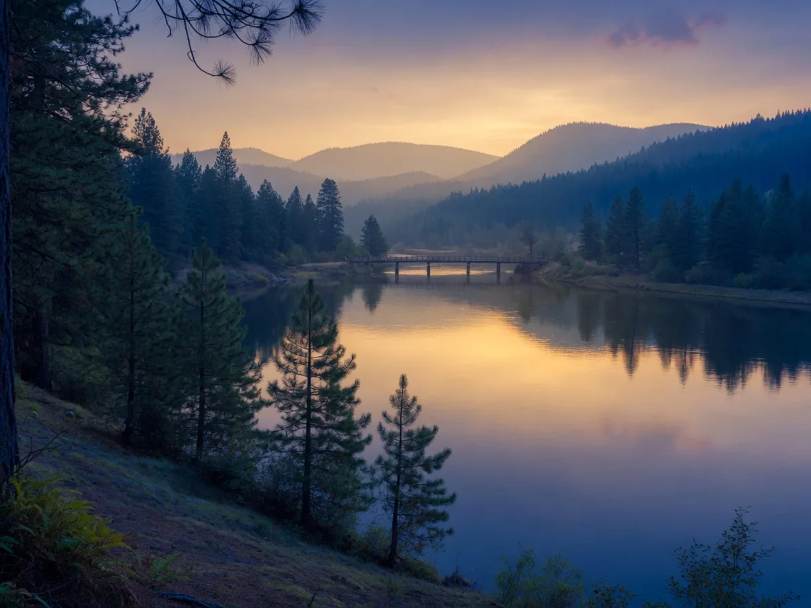 The Rogue River at dusk seen from a wooded bank near Grants Pass, cool blue water reflecting warm sky