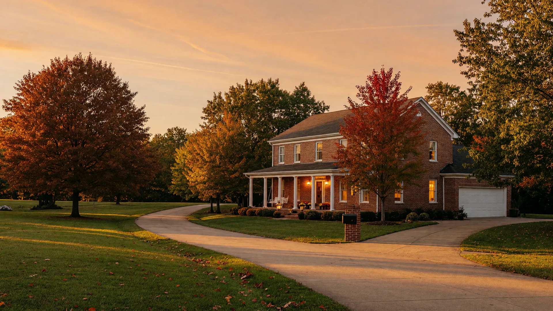 Brick and white-columned suburban home with a long driveway at golden hour in a leafy Middle Tennessee neighborhood
