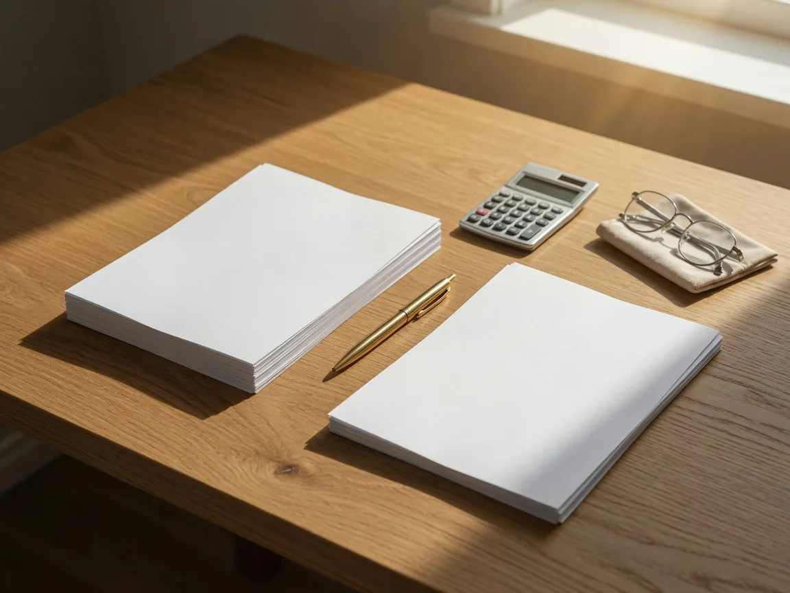 Two document stacks, a gold pen, and a small calculator on a warm oak desk, the paperwork of comparing loans before closing