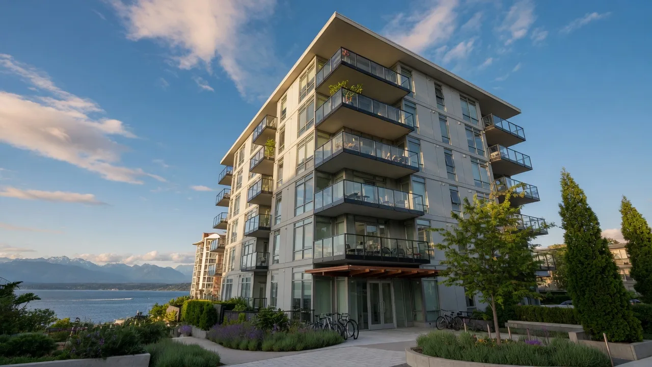 Modern mid-rise condo building in Victoria BC with glass balconies and landscaped entry