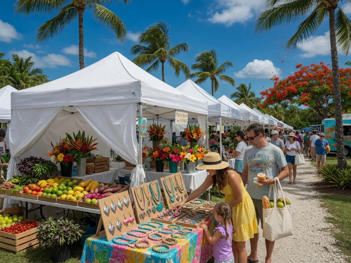 Vibrant Key Largo community farmers market on a sunny Saturday morning with white tents, local artisans displaying tropical flower arrangements, fresh produce, and families browsing handmade jewelry under clear blue sky