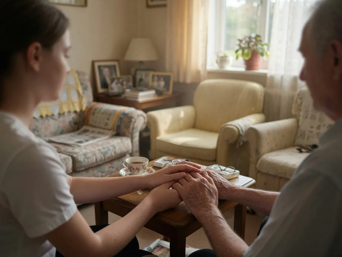 An adult daughter gently holding her elderly father's hands across a table, a quiet moment of support during a care conversation.