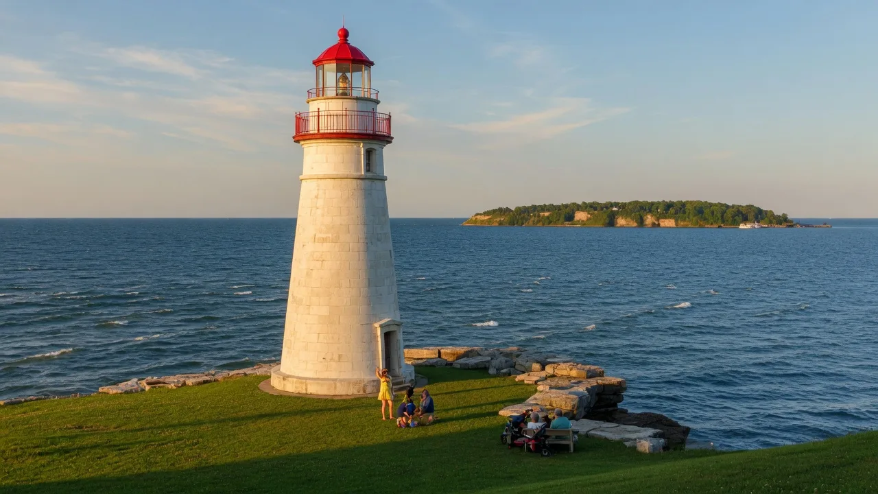Marblehead Lighthouse on the Lake Erie shoreline at golden hour, the oldest continuously operating lighthouse on the Great Lakes