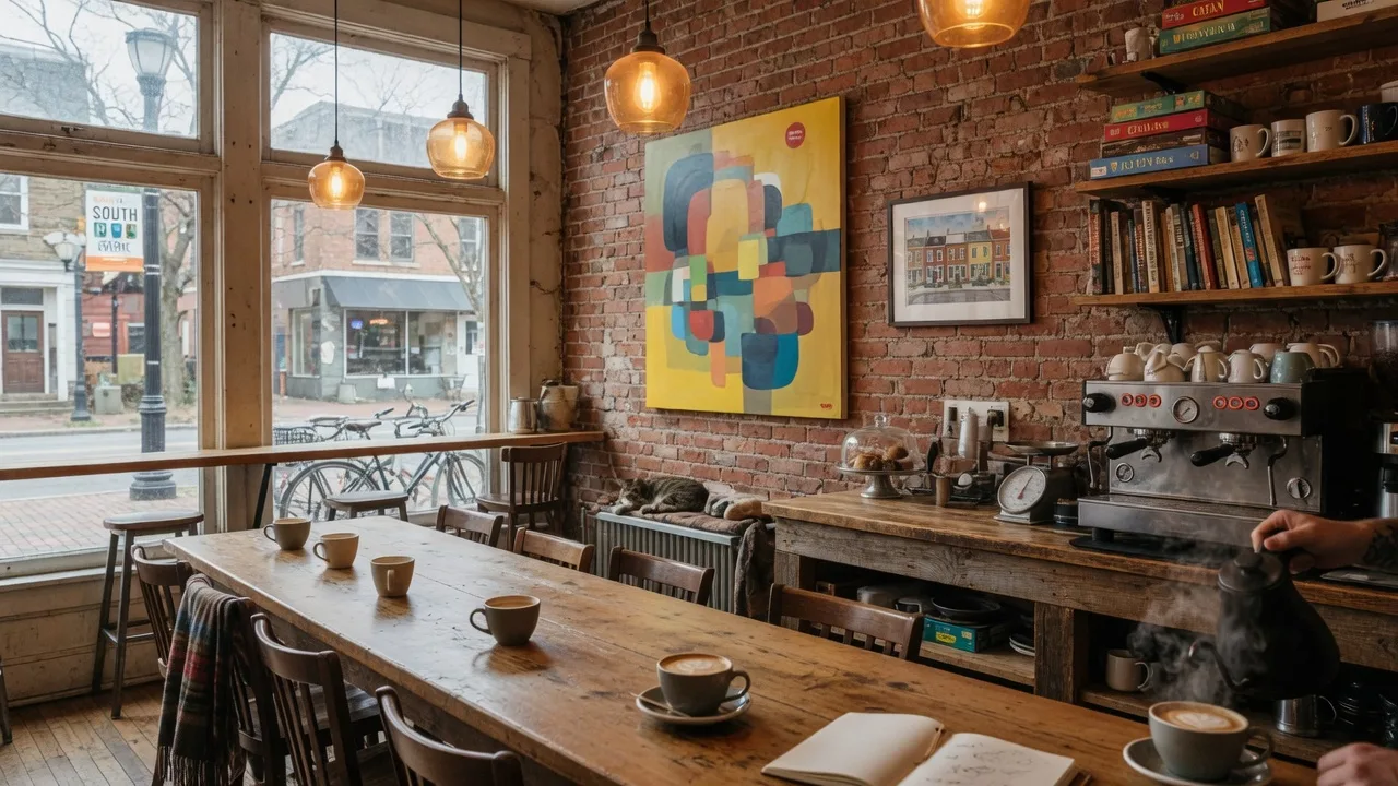 The warm and welcoming interior of Ghostlight Coffee in Dayton Historic South Park with exposed brick, wooden community tables, and warm amber pendant lighting