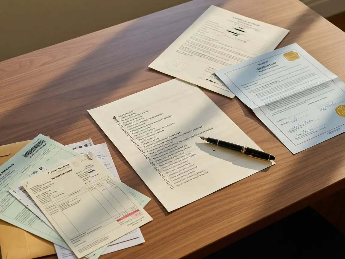 Checklist of documents on a wooden desk with a death certificate, property deed, bank statements, and a fountain pen