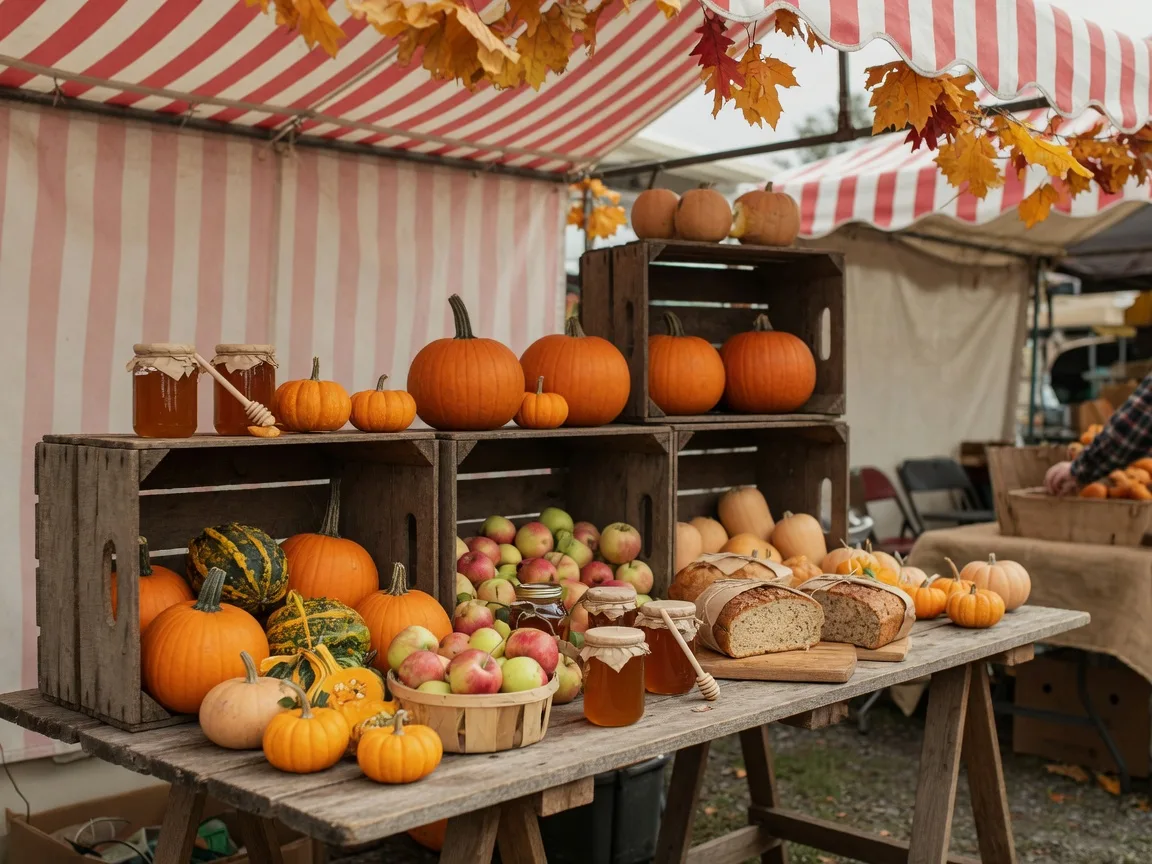 Farmers' market stall in early October with wooden crates of pumpkins, squash, apples, honey jars, and fresh baked bread under a canopy