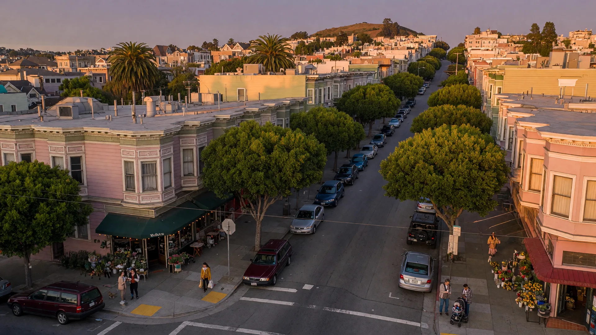 Tree-lined Hayes Valley street with Victorian buildings at golden hour