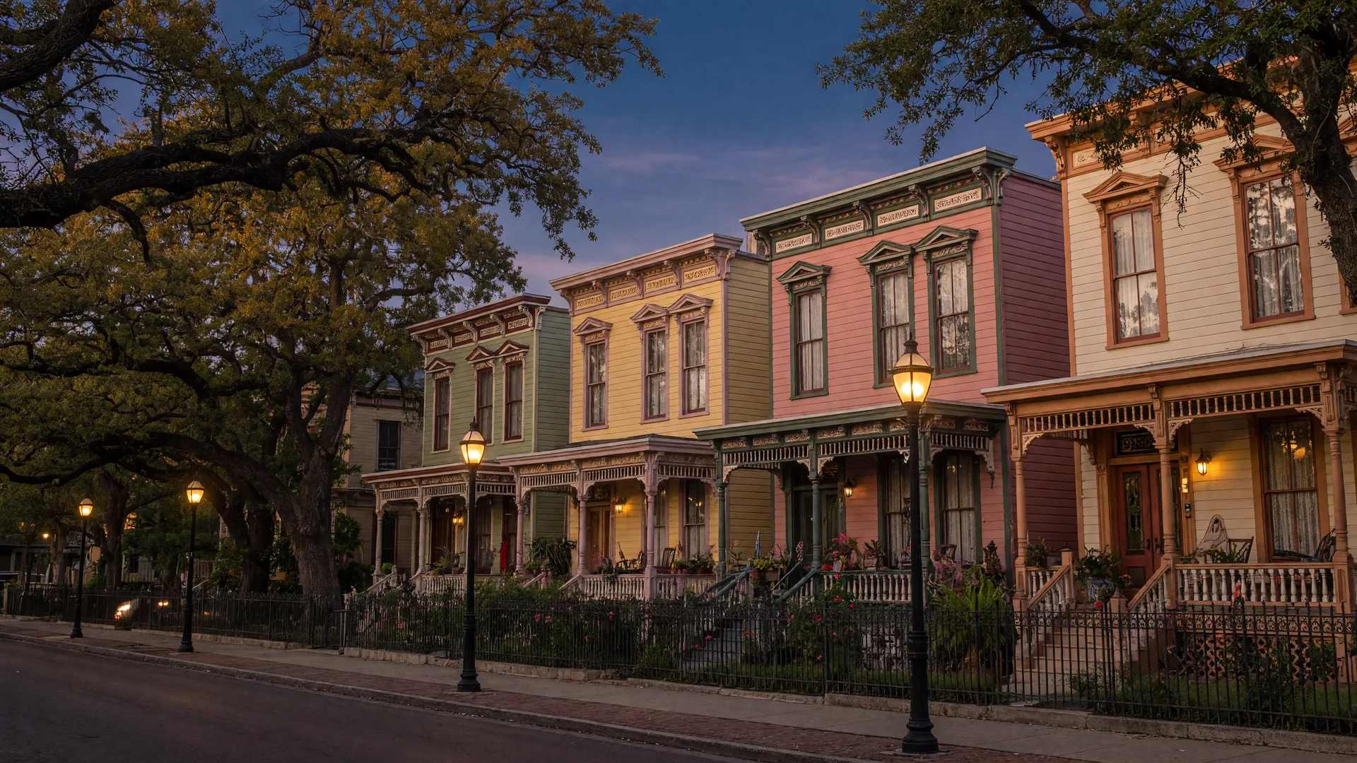 Restored Victorian mansions on a tree-lined street in the King William historic district, a San Antonio real estate landmark