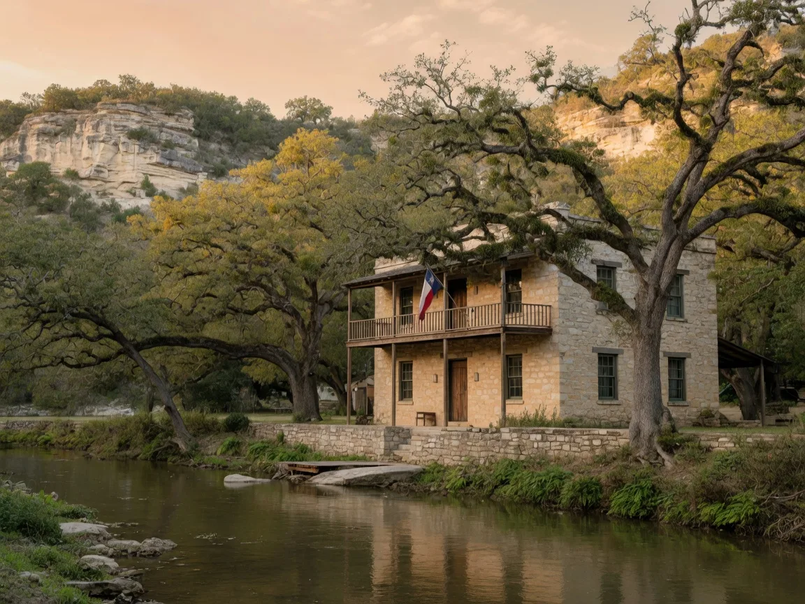 Landmark Inn State Historic Site in Castroville, Texas — an 1850s limestone inn with wooden balcony overlooking the Medina River
