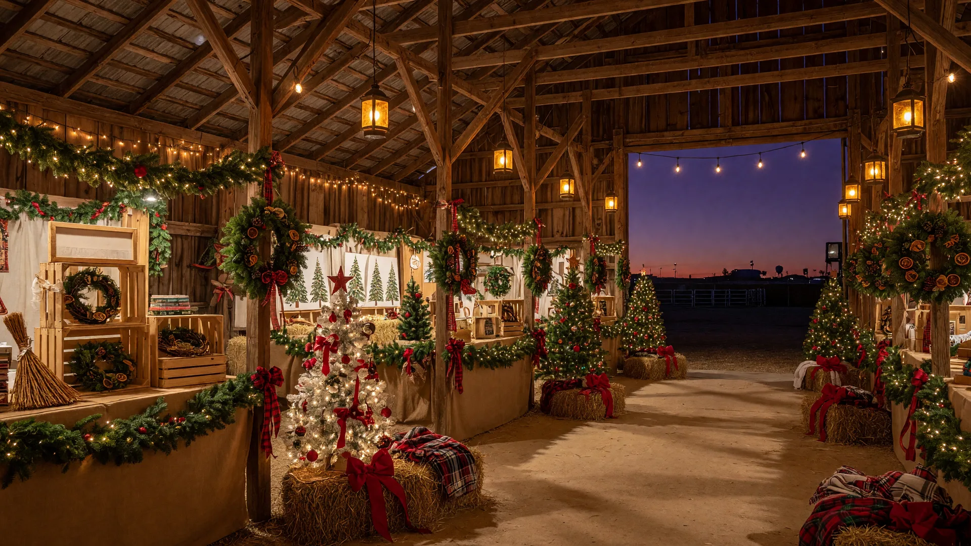 A holiday vendor market inside a rustic fairgrounds barn with garland-draped booths, twinkle lights, decorated Christmas trees, and warm lanterns on exposed rafters