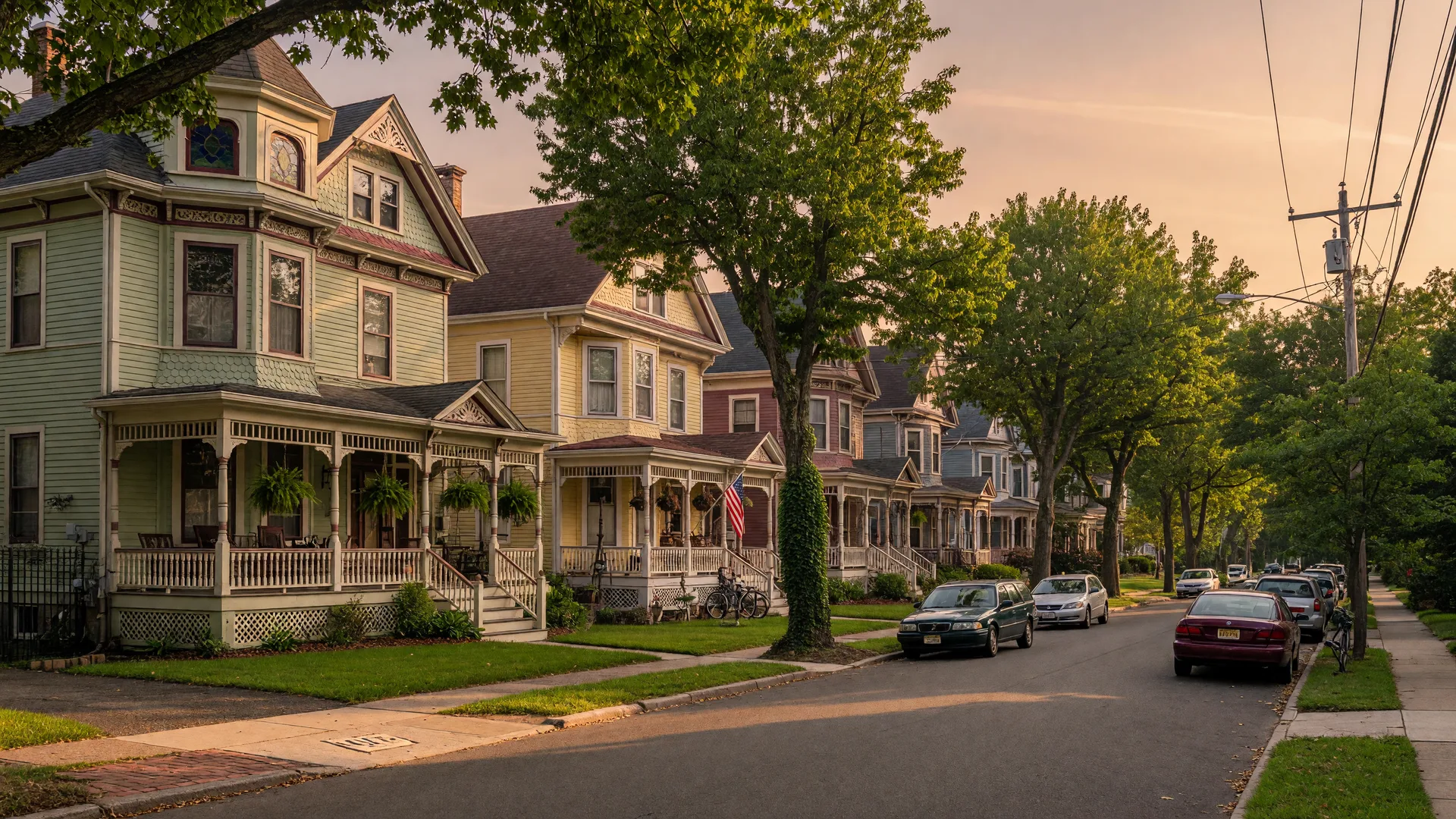 Tree-lined residential street with Victorian homes in Merchantville