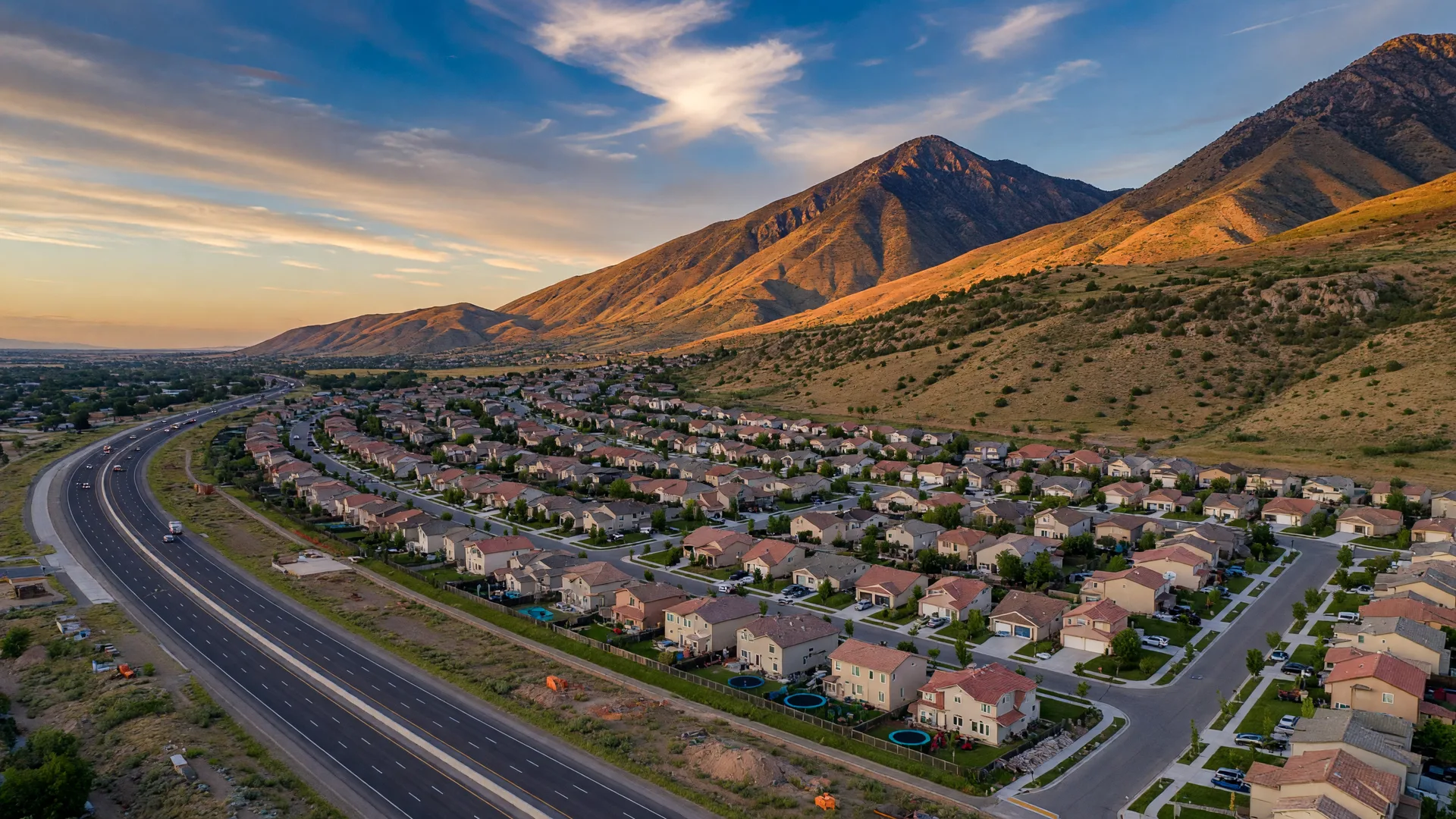 Aerial view of Herriman Utah at golden hour showing newer subdivisions stretching toward the Oquirrh Mountains with the Mountain View Corridor freeway visible along the edge of town