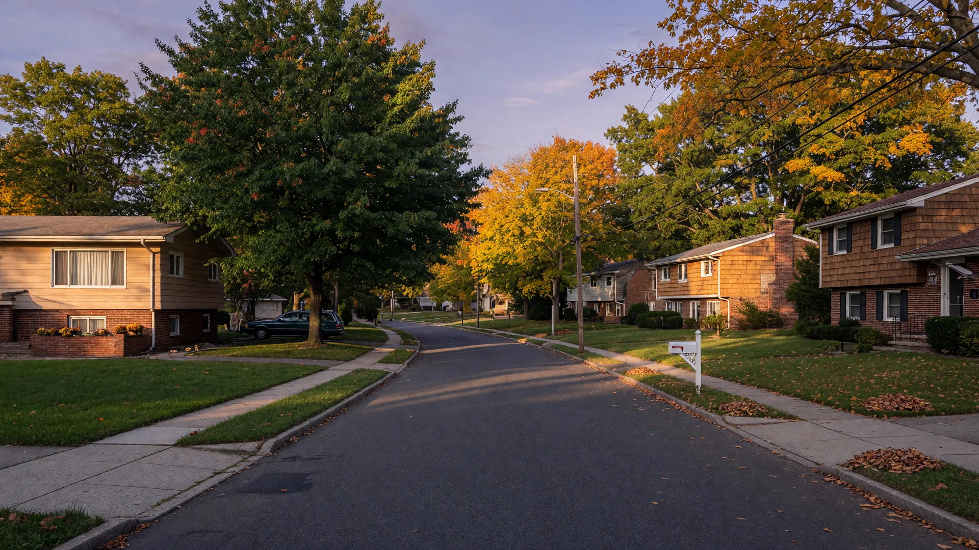 Tree-lined mid-century homes in the Woodcrest neighborhood of Cherry Hill on an early-autumn afternoon with golden leaves